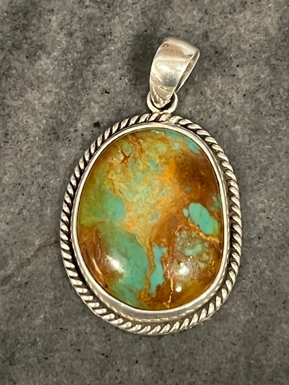 Earthy, Green Royston Turquoise and Sterling Silver Pendant